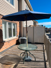 Patio umbrella, table, and base