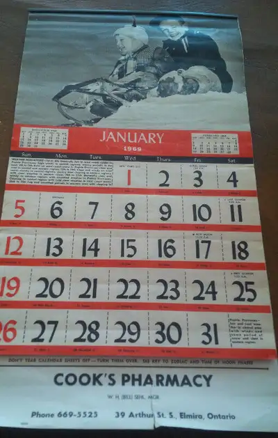 1969 Cook's Pharmacy Calendar W.H. (Bill) Sehl, Manager, Elmira, View more