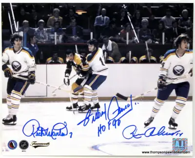 AJ Sports World COA " Rick Martin 7 - Gilbert Perreault HOF 90 - Rene Robert 14 " 905 525 9448 HST I...