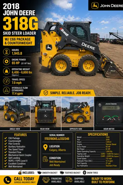 2018 John Deere 318G Skid Steer | C66 | Counterweight | Buckets + Snow Tires Price: $41,900 CAD 2018...