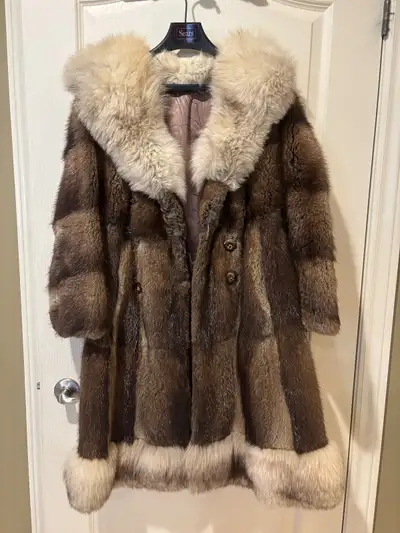 Vintage muskrat fur coat with fox trim, View more