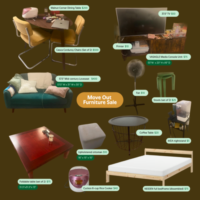 Moving sale. Everything must go before May 1. All items are in good working condition. Open to reaso...
