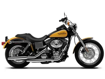 This pre-owned Harley-Davidson Dyna motorcycle is in good condition, featuring a striking yellow and...