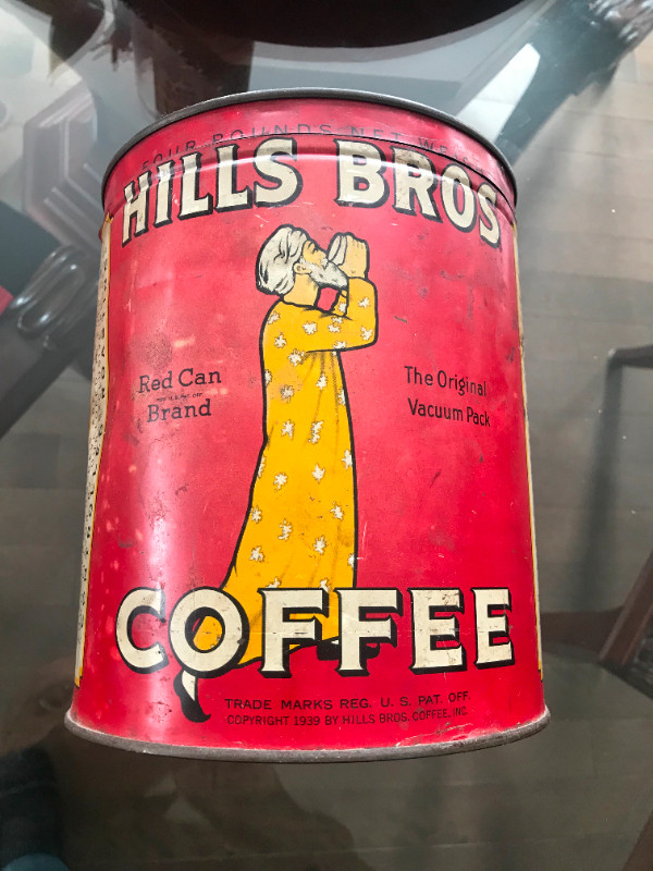 #4 - Large size Coffee Tin - Hills Bros Large Tin - $40.00 - Gre in Arts & Collectibles in Charlottetown