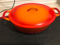 Vintage Descoware oval Dutch Oven Enamel Cast Iron Flame Orange