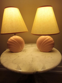VINTAGE RETRO PAIR OF LAMPS - PINK CERAMIC WITH SHADES