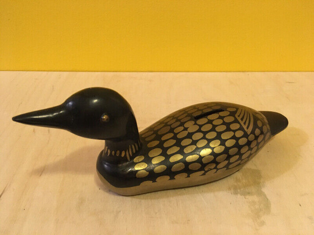 Vintage 70s Loon Money Bank Solid Brass Black/Gold, Canadianna in Arts & Collectibles in Oshawa / Durham Region - Image 4