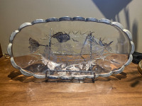 Silver Transferware Glass Dish 11”x6”