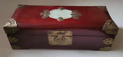 Vintage Asian Jewelry Box - Rosewood, Brass with Jade Inlay, View more
