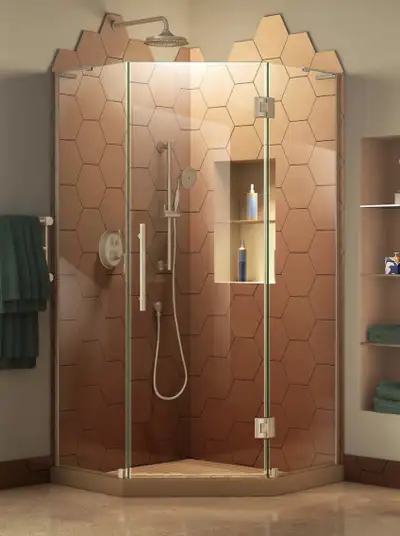 Brand new in box. Dreamline Prism frameless corner shower Brushed Nickel 38”x38” x72” Shower glass o...