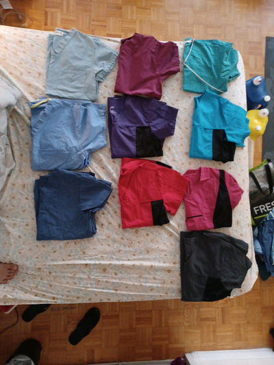 10 dollars each All scrub tops or scurbs shirts are size small to medium. Only the light blue scrub...