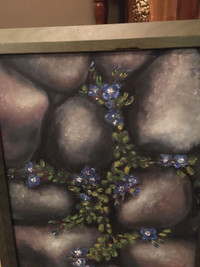 Original oil painting of stones and flowers