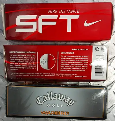 2 boxes of SFT2 NIKE Distance balls (NIB) 1 box of CALLAWAY WARBIRD balls (NIB) INCLUDED FREE: - lot...