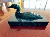 SIGNED SOAPSTONE CARVING ON MARBLE PLINTH