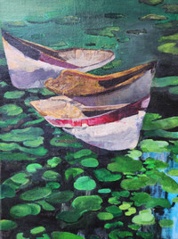 Boats in Lagoon with Lily Pads Acrylic painting