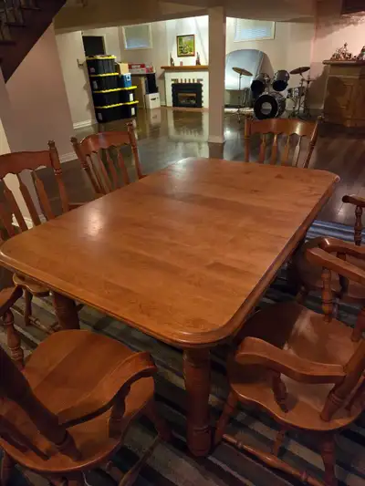 Round solid wood dining table and chairs, View more