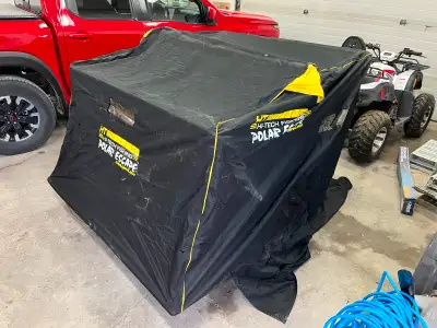 Comes with two person pop out ice fishing tent with sled auger and two chairs