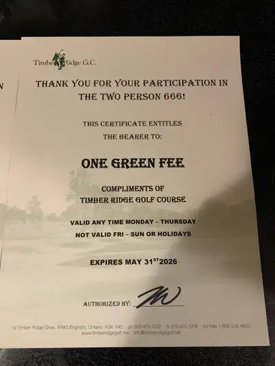 two golf passes to Timber Ridge golf course, View more