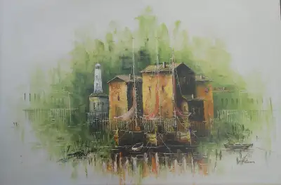 Moored Boats and Tall Buildings Vintage canvas oil painting Includes a lighthouse Fenced bulkhead Vi...