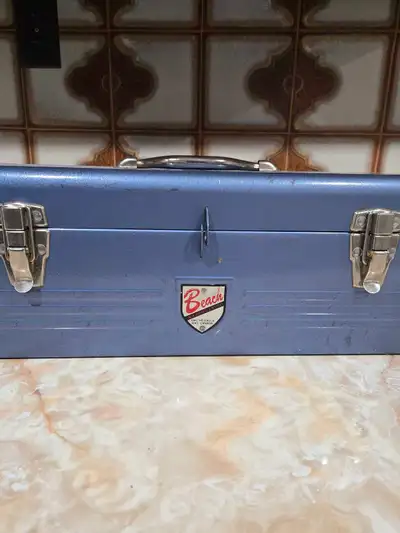 Vintage blue metal tool box. Assorted, screwdrivers, hammers, drill bits, pliers. $50 firm for all....