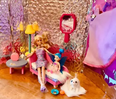 Tranche d’âges : 4 ans+ Personnages : 3 Barbie tite poupée et chiot Barbie Meubles de salon en bois...
