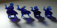 Vintage Cobalt Blue Blown Glass Elephants Figurines