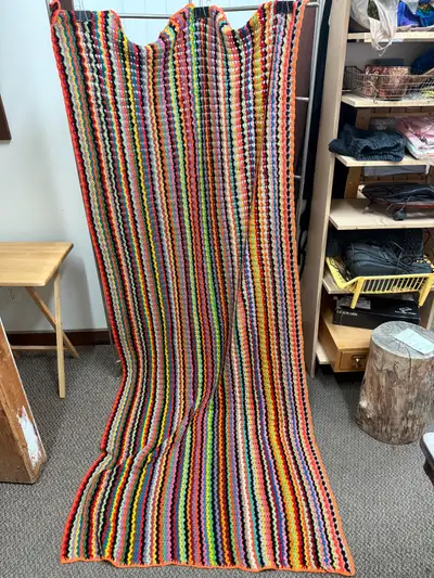 Handmade unique crochet Afghan Blanket•40”Wx 84”L• vibrant rainbow/chevron pattern • Colorful Vintag...