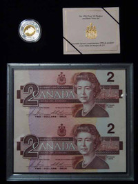 CANADA 1996 SILVER PROOF $2 PIEDFORT TOONIE & BANKNOTE SET, COA