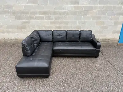 Black Leather Sectional Sofa with Cup Holder - Free Delivery, View more