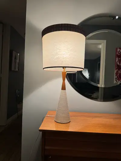 Mid century modern Walnut and ceramic table lamp, View more