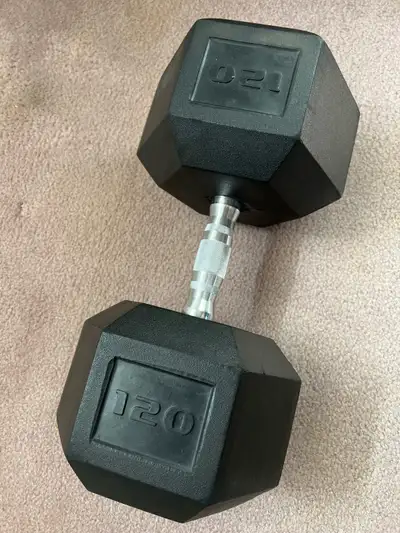 Great condition used 120 lbs rubber coated dumbbell.
