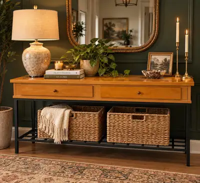 Vintage Bassett Console Table | Inlaid Wood | MCM Entryway, View more