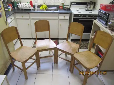 Vintage 4pc Lot Of Solid Wood Pine Kitchen Chairs Circa 1940-50s, View more