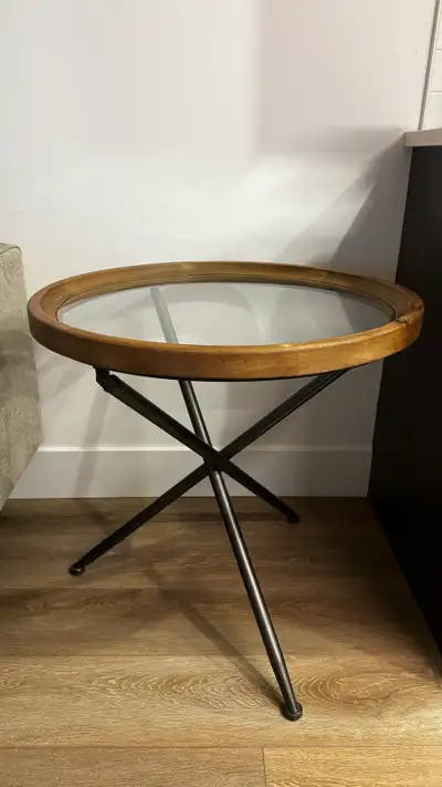 Industrial Style Round Wood and Metal Side Table, View more