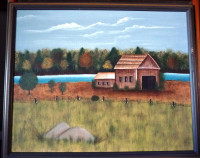 Original Folk Art Oil Painting "Autumn Farmland by the River"