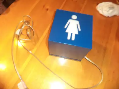 Women's washroom light converted to night light. Dark blue. 6" cube with switch. Located in Liverpoo...