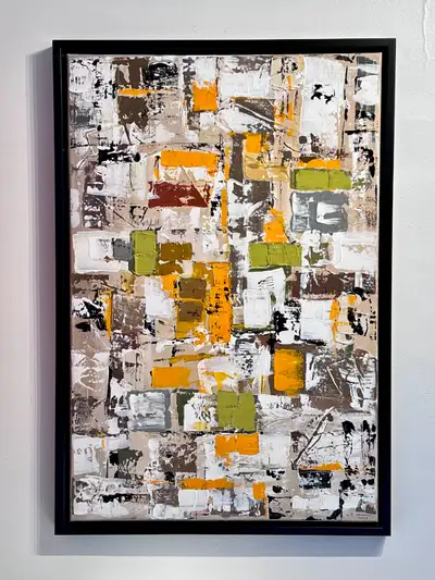 abstraction sur fond beige écru; acrylique sur toile réalisée par Lili-Anne Germain (Montréal 1965 –...