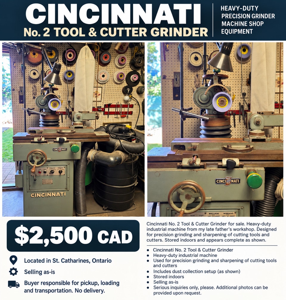 FOR SALE – Cincinnati No. 2 Tool & Cutter Grinder | Other Business ...