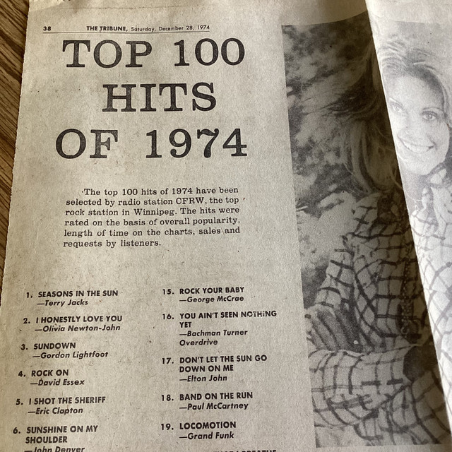 The Winnipeg Tribune – Sat. Dec. 28, 1974 - Top 100 Hits of 1974 in Arts & Collectibles in Winnipeg - Image 2