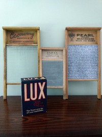 Antique WASHBOARDS AND BOX OF 1940's UNOPENED LUX SOAP