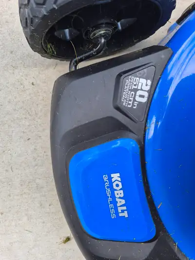Kobalt, cordless mower. Comes with charger, 2.5 amp and a 5amp battery. 5 amp bought separately for...