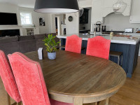 Crushed velvet high back, solid oak dining chairs
