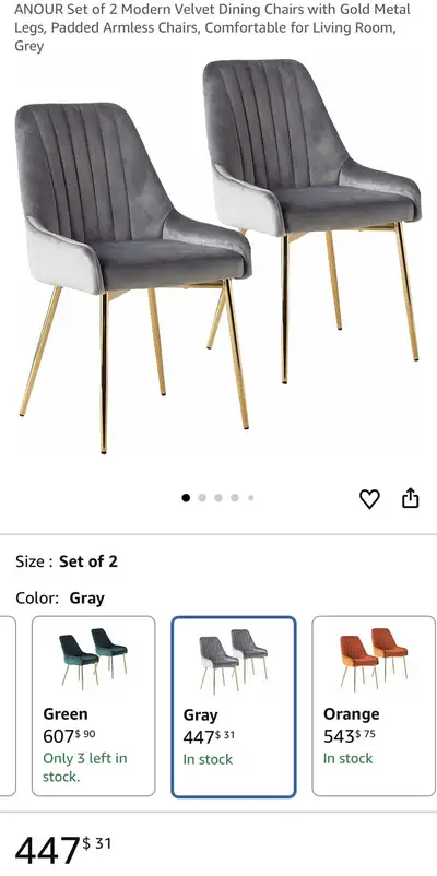 Maulsby Set of 2 Modern Velvet Dining Chairs with Gold Metal Legs, Padded Armless Chairs, Comfortabl...