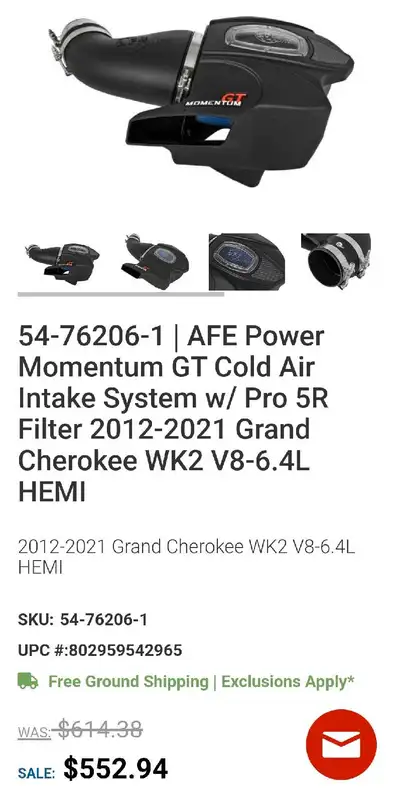 Selling an AFE cold air intake system for the Jeep Grand Cherokee SRT or Dodge Durango SRT 6.4hemi e...