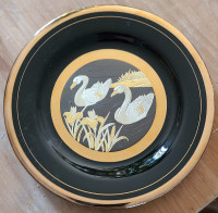 Vintage Art of Chokin White Swans 24K Gold/black Japanese Plate