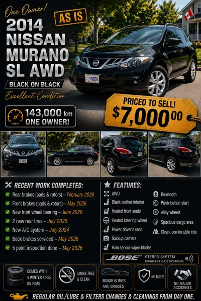 2014 Nissan Murano SL AWD – Black on Black 143,000 km - ONE owner! ALOT of life left in this one! Gr...