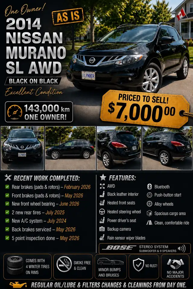  2014 Nissan Murano SL AWD 143,000 km 1 owner 