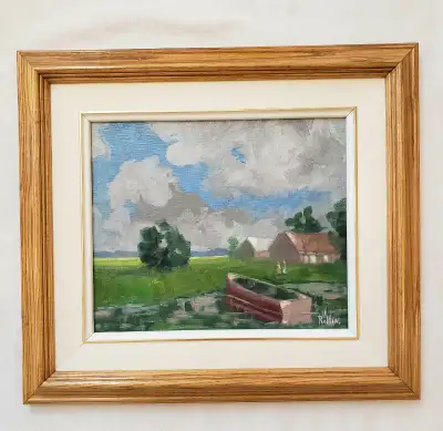 huile sur toile réalisée par Claude Rollin (1950 -) en 2017, intitulée "Au chenal du Moine à Sorel"....