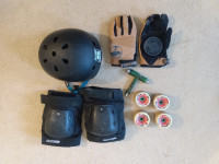 Longboard gear- kneepads, wheels, slide gloves, helmet, tool