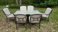 Metal Outdoor Table Frosted Glass with 6 Chairs and Cushions